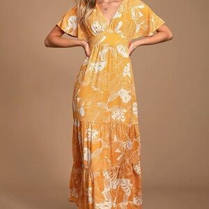 Lulus Savannah Yellow Floral Maxi Dress Small Boho Tie Back